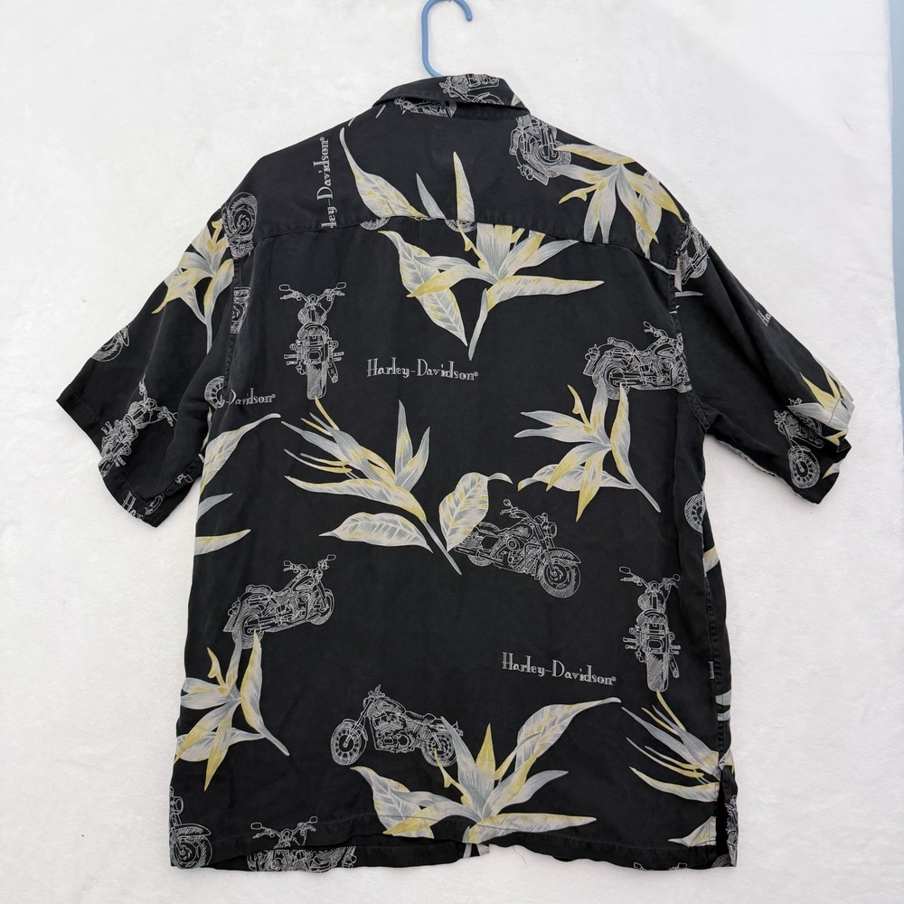 Harley Davidson Hawaiian Shirt Mens XL Black Floral Silk Pocket Button Up - Picture 7 of 7